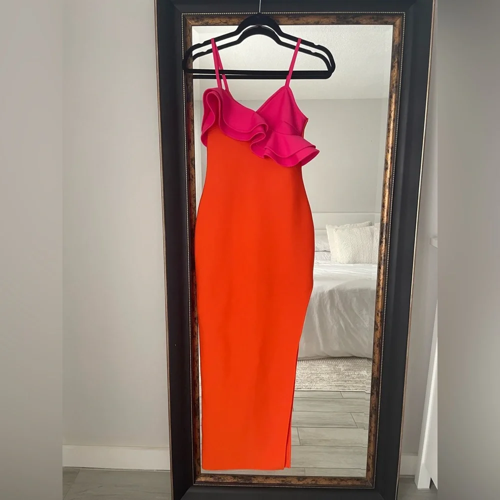 SIS Label Simona Orange & Pink Ruffle Bandage Maxi Dress | Size Small
